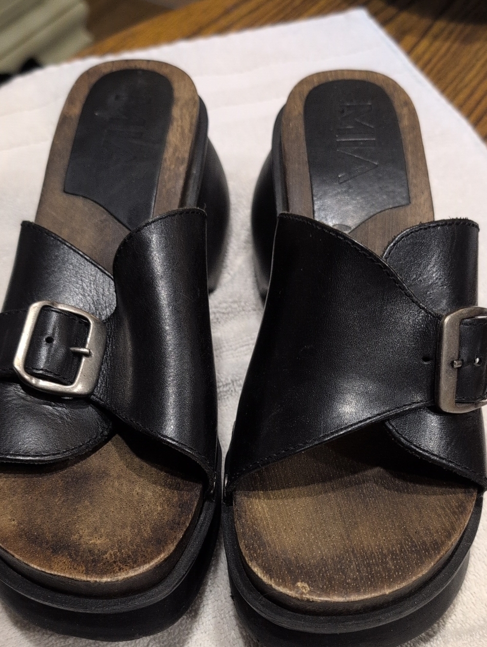 MIA Black Leather Buckle Clog Slides